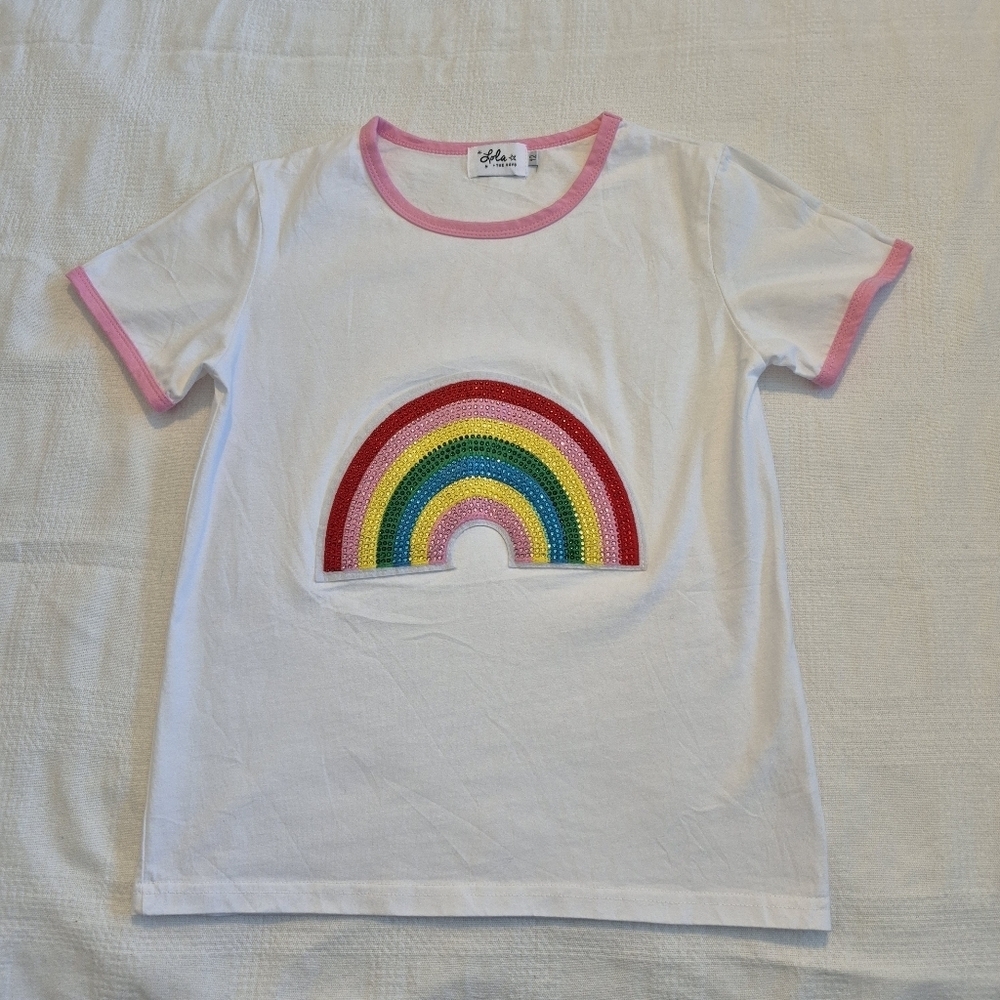 Lola and the Boys girls' size 12 Happy Rainbow Patch short sleeve shirt VVGUC